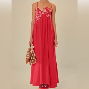 NWT Koi Fish Embroidered Dress Red Adjustable Strap A-line Maxi Dress